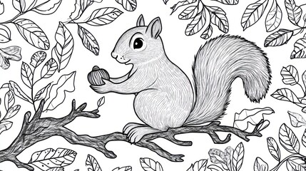 Fototapeta premium Whimsical animal design featuring a squirrel holding an acorn, with tree branches and leaves surrounding it, drawn in a cartoonish style for a fun coloring page 