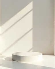 Fototapeta premium Bright minimalist display with circular pedestal and shadows cast by window in contemporary interior space