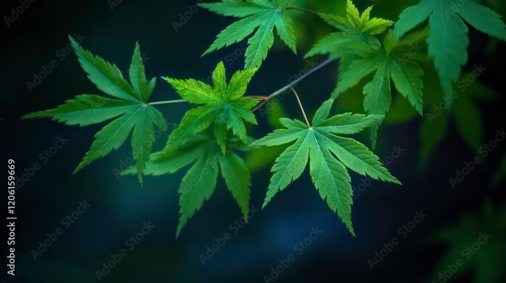 Poster lush green maple leaves on a branch against a dark background.