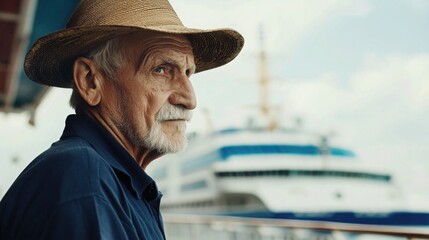 A contemplative elderly Caucasian man in a straw hat gazes out at a large vessel in the background, a thoughtful expression on his weathered face.
