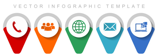 Social media and communication pointer collection, miscellaneous icons such as people, globe, phone, e-mail and notebook, flat design vector infographic template in eps 10