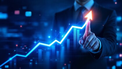 Businessman in professional attire pointing at a glowing arrow on a digital chart. Blue background, upward trend, leadership, strategic planning, and futuristic business vision.