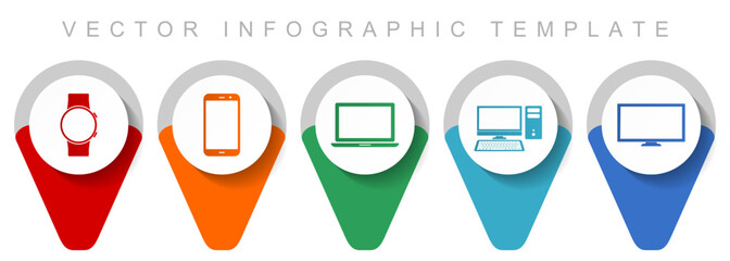 Electronic devices pointer collection, miscellaneous icons such as smartphone, notebook, computer, smartwatch and tv, flat design vector infographic template in eps 10