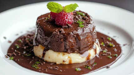 Chocolate dessert with raspberry, mint, and custard, plated elegantly. Food photography for menus or blogs