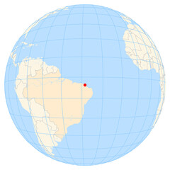 Map showing the location of the city Fortaleza in Brazil (South America) on the earth globe.