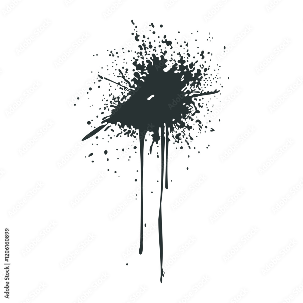 Poster Black ink splatter in flat design. Dirty exploding paint spray with drops. Vector illustration isolated.