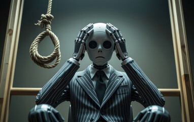 A surreal image of a humanoid robot in a business suit, its head cradled in its hands, with a noose hanging overhead