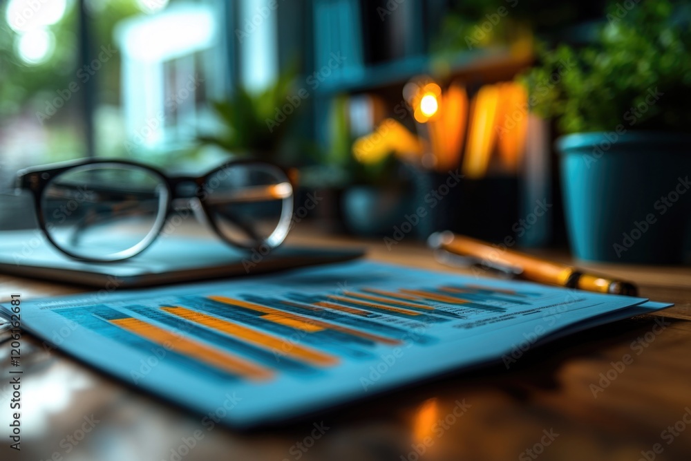 Poster a pair of glasses resting on a table near a laptop, great for use in technology or workspace setting