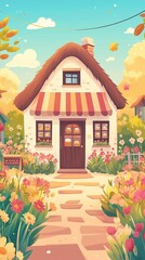 Charming bakery surrounded by blooming flowers on a sunny day.