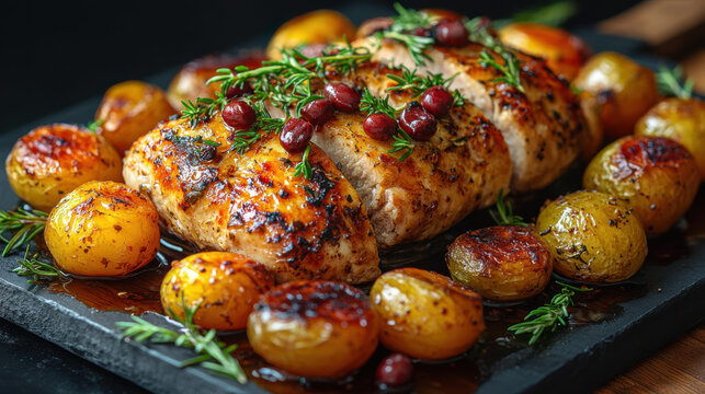 Gebratenes H&auml;hnchenfilet mit Kartoffeln, Preiselbeeren und Rosmarin auf Servierplatte,  Roasted chicken fillet with potatoes, cranberries, and rosemary on serving plate