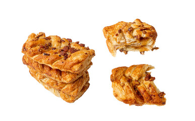 Maple Pecan Puff Pastry Isolated, Danish Plaits Pastries with Maple Syrup and Pecan Nuts, Breakfast...