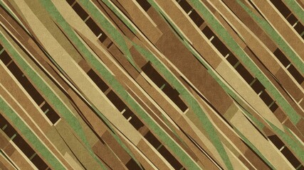 Abstract pattern of diagonal stripes in brown, green, and beige with a crisscross arrangement creating movement.