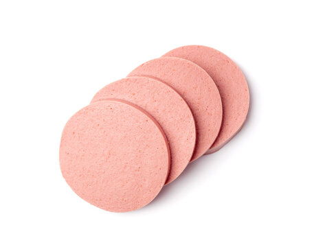 Mortadella Slice Isolated, Luncheon Meat Cut, Chicken Ham, Boiled Sausage for Breakfast