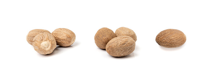 Nutmeg Isolated, Myristica Fragrans Fruit, Dry Spicy Nutmeg Powder, Grated Whole Muscat Nut, Nut Meg