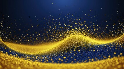 Abstract digital artwork with golden shimmering waves and particles against a deep blue background.