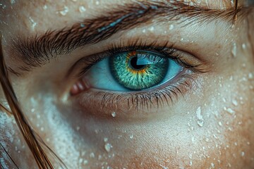 A detailed view of a human eye with blue iris, suitable for medical or cosmetic use