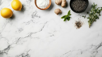Flat lay of lemons, ginger, lentils, herbs, salt, and pepper on marble.