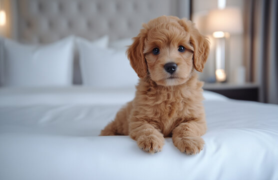 A light brown cavapoo puppy sitting on the end of an elegant white bed