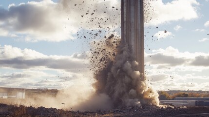 A dramatic shot of demolition experts using controlled explosives to demolish an old industrial chimney, Demolition site scene, Controlled and strategic style
