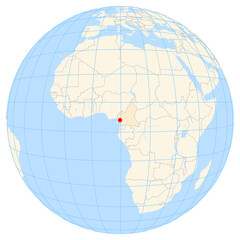 Map showing the location of the city Douala in Cameroon (Middle Africa) on the earth globe.
