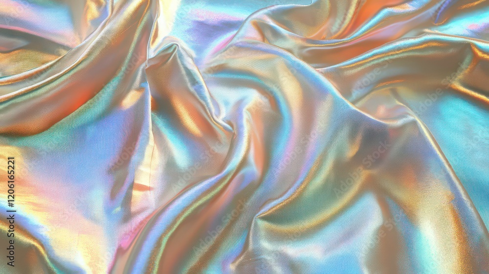 Poster iridescent fabric with folds and creases, showing texture and color variations.
