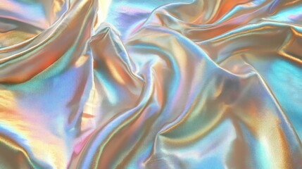Iridescent fabric with folds and creases, showing texture and color variations.