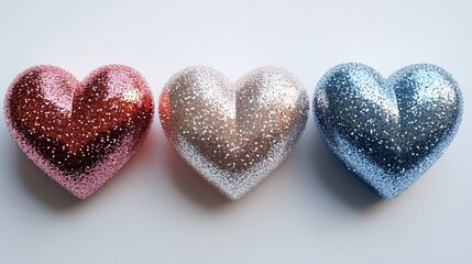 Fototapeta premium Three Sparkling Glitter Hearts Romantic Valentine Decoration Pink Silver Blue Festive Love Wedding Design Shiny Background Holiday Season Celebration Romance 