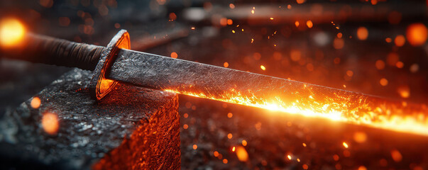 glowing sword being forged on anvil, surrounded by sparks and heat