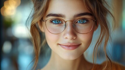 Obraz premium Close-up photo of a woman wearing glasses, informative and straightforward