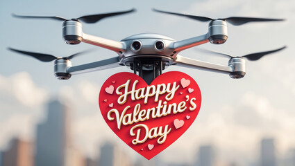 Creative drone delivery spreading love with a Happy Valentine's Day greeting card floating in a vibrant cityscape