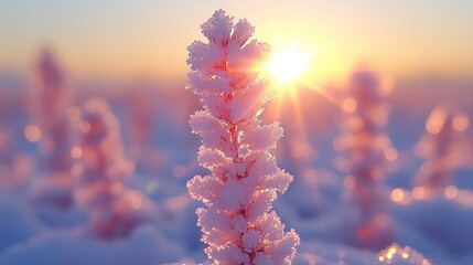 Frost-Covered Plants Glowing in the Sunset Light