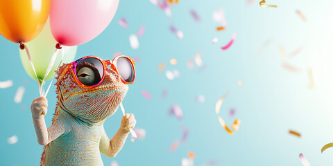 Funny chameleon wearing sunglasses holding happy birthday balloons and confetti explosion flying around greeting card on blue background with copy space.