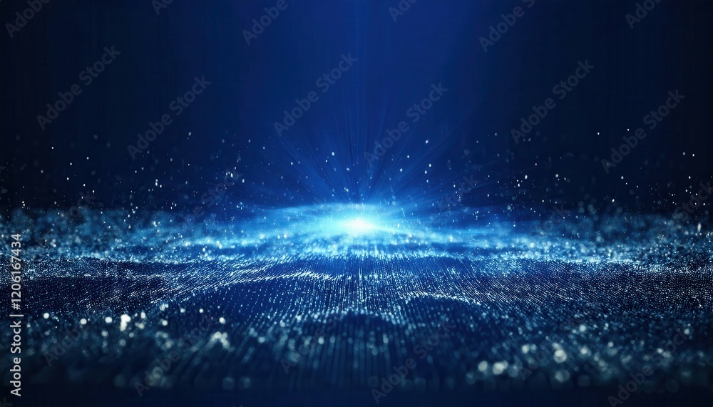 Poster ethereal blue digital landscape with luminous particles, futuristic glowing grid, perfect for techno