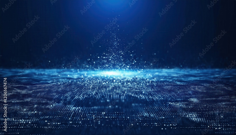 Poster ethereal blue digital landscape with luminous particles, futuristic glowing grid, perfect for techno