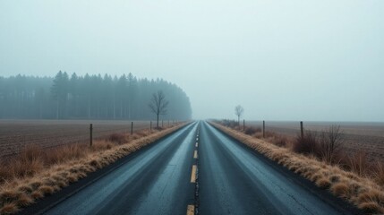 Obraz premium Misty Morning Drive on an Empty Asphalt Road Through a Foggy Field