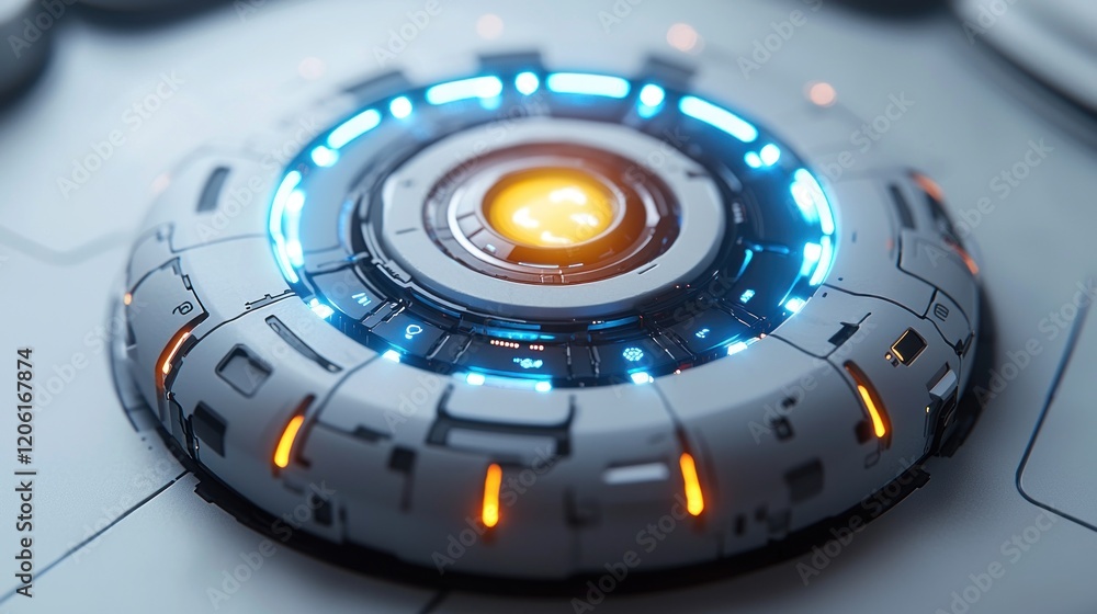 Poster futuristic circular device with glowing lights and intricate details