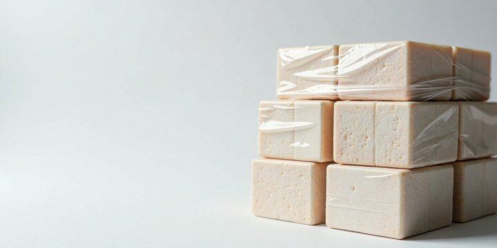 A stack of neatly wrapped, pale, cube-shaped confectionery items sits on a plain white surface, ready for distribution or sale.