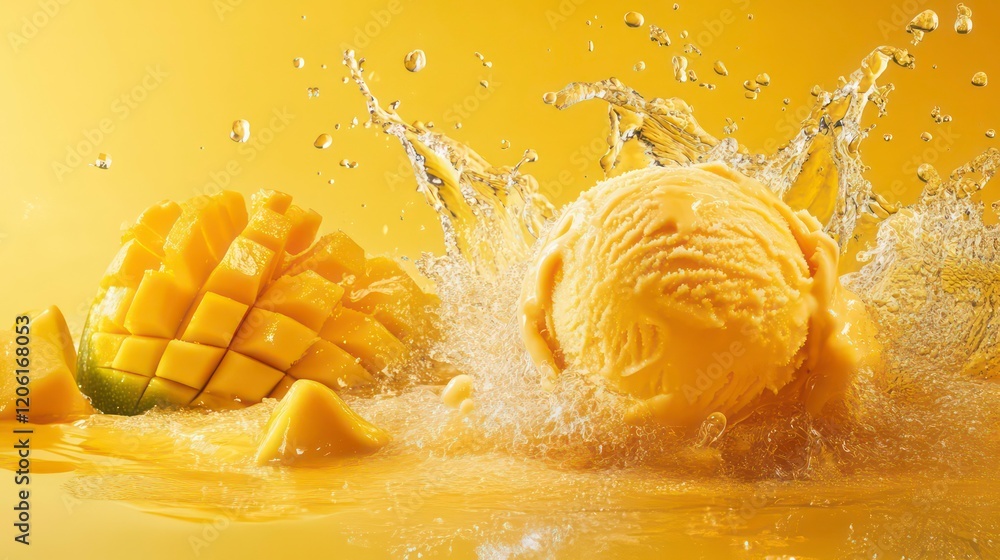 Poster mango sorbet splashing in water with mango slices.