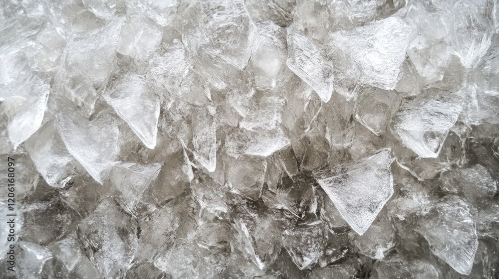 Poster close-up view of many translucent ice pieces, various shapes and sizes, piled together.