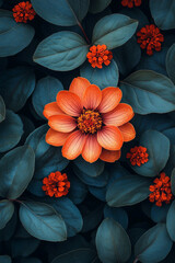 Orange Zinnia Blooms Surrounded by Teal Leaves