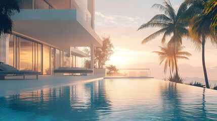 Fototapeta premium Exotic villa with palm trees and an infinity pool.