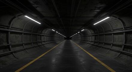 Dark Underground Tunnel Industrial Infrastructure with Yellow Safety Line. development, transportation, or psychological thriller projects. High contrast monochromatic style with minimal color accents