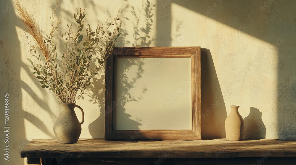 Poster delicate vase and empty frame create a serene corner adorned with soft shadows and natural textures