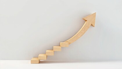 Wooden steps with a curved arrow path, symbolizing growth and success. Light background, clean 3D design, upward trajectory, and motivational business metaphor