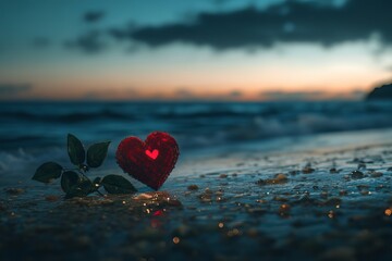 Fototapeta premium Romantic Red Heart on Beach Sunset Seascape Lovely Rose Flower Glowing Heart Valentine Day Love Beach Ocean Romantic Scene Seashore Coastline sky hope calm dark