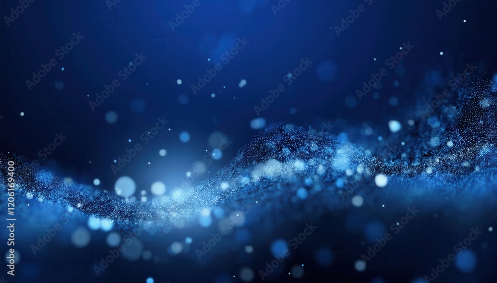 Poster ethereal blue abstract wave of glowing digital particles with floating bokeh, perfect for tech background or futuristic design

