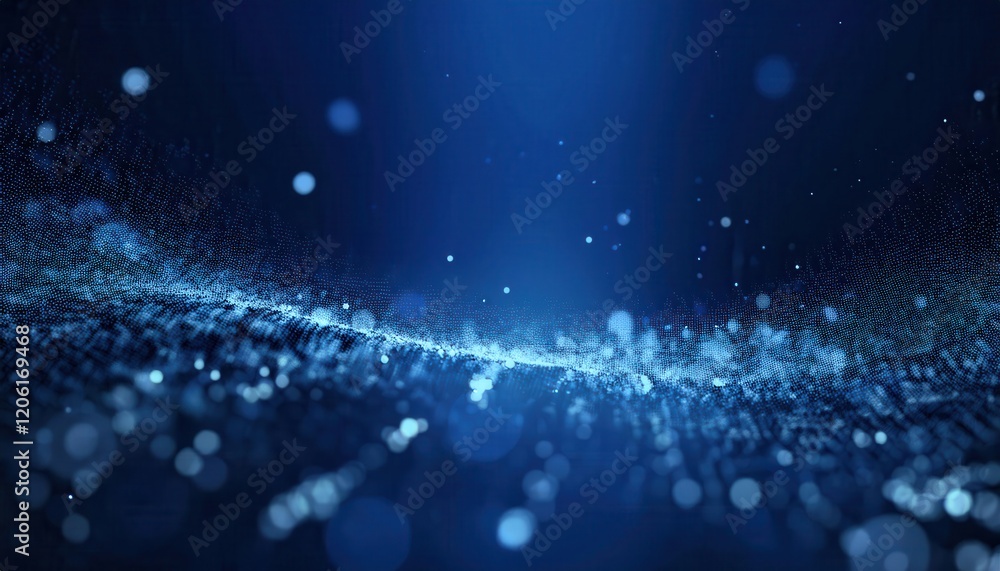 Poster ethereal blue abstract wave of glowing digital particles with floating bokeh, perfect for tech background or futuristic design

