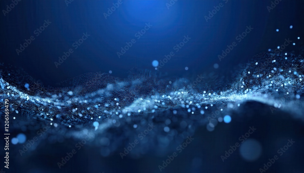 Poster ethereal blue abstract wave of glowing digital particles with floating bokeh, perfect for tech background or futuristic design

