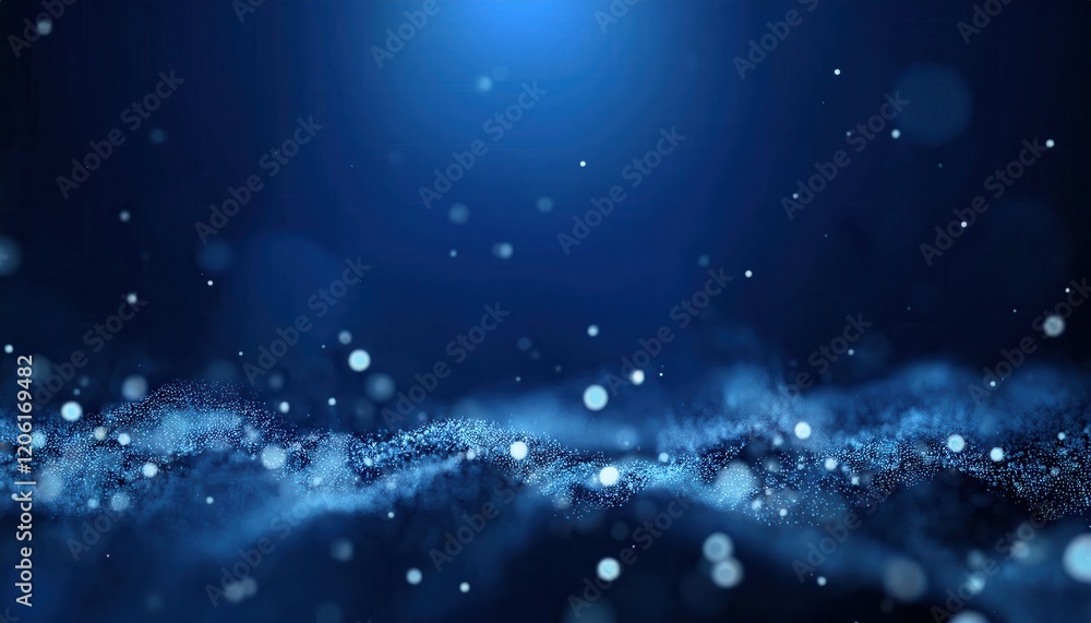 Poster ethereal blue abstract wave of glowing digital particles with floating bokeh, perfect for tech backg