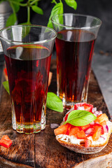 Bruschetta tomato fresh aperitif appetizer tasty food dish gourmet food background on the table rustic food top view copy space vegetarian vegan food